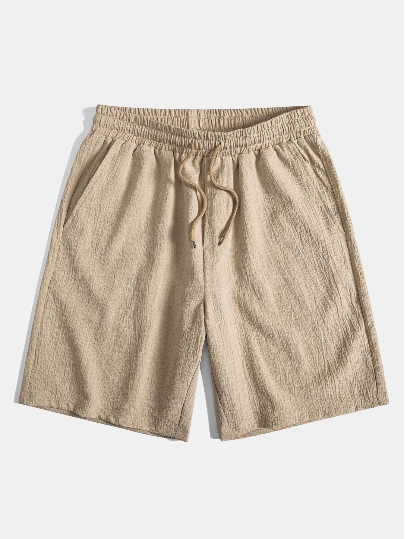 Geometric Striped Jacquard Button Up Shirt & Crinkled Textured Drawstring Shorts