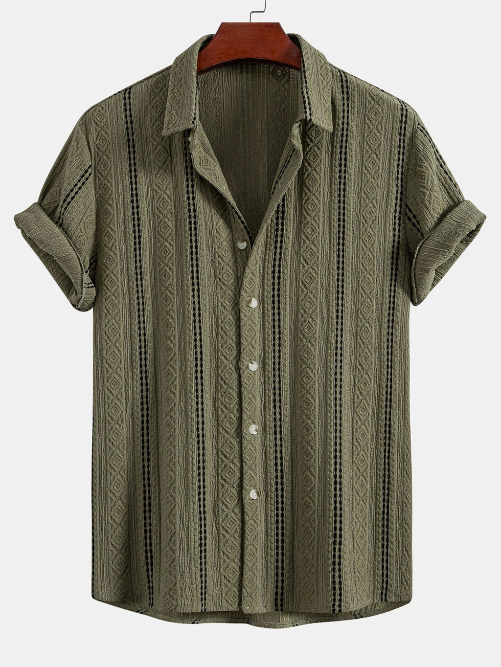 Geometric Striped Jacquard Button Up Shirt & Straight Leg Linen Pants
