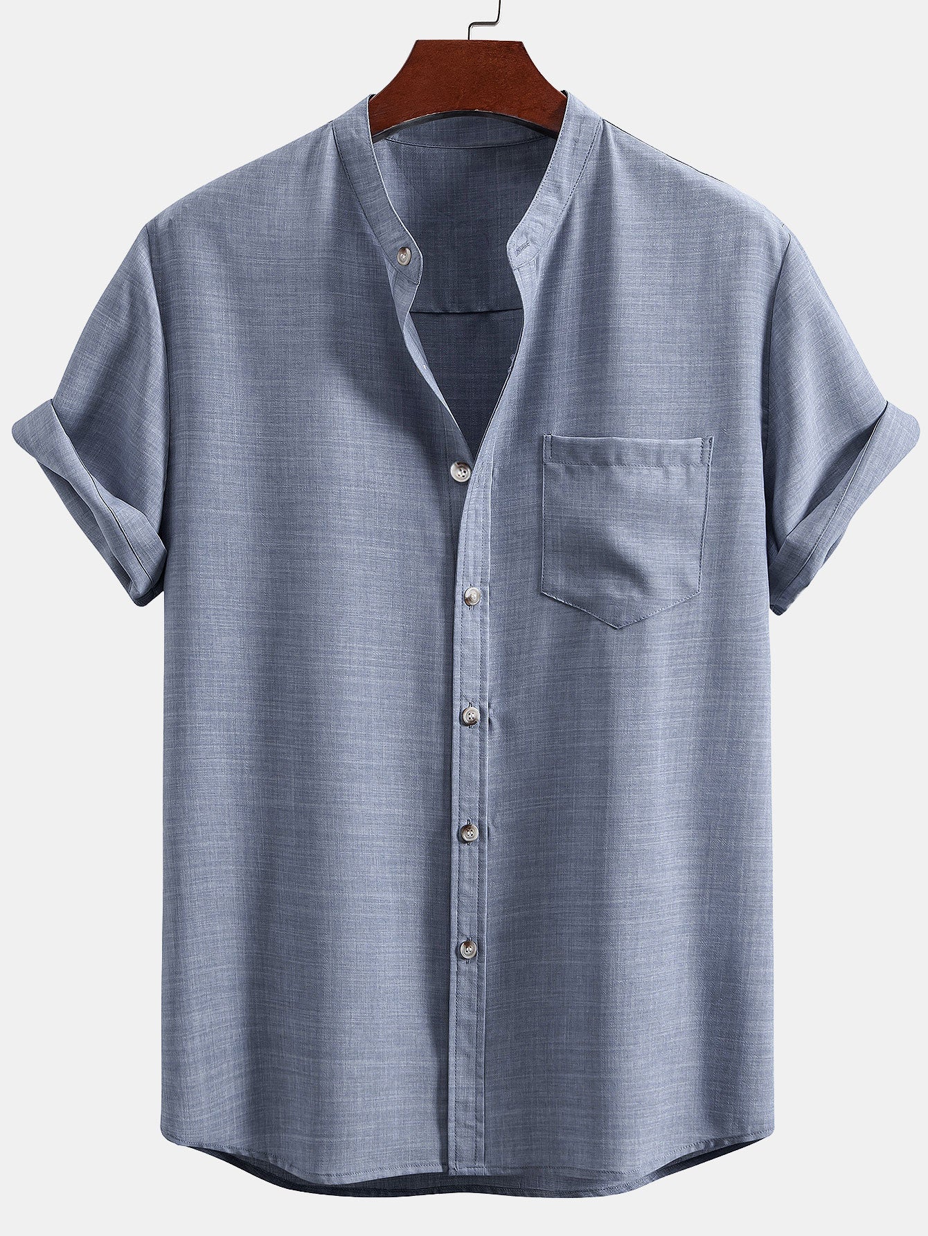 Short Sleeve Stand Collar Shirt & Straight Leg Linen Pants