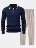 Long Sleeved Knitted Stripe Jacquard Polo Shirt & Slim Fit Tapered Trousers