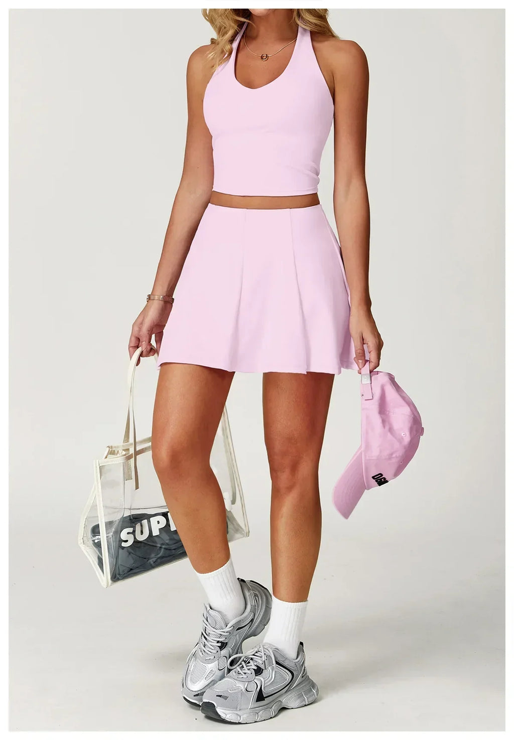 2-Piece Halter Bra & Skirt Set - Women's Fitness Tracksuit