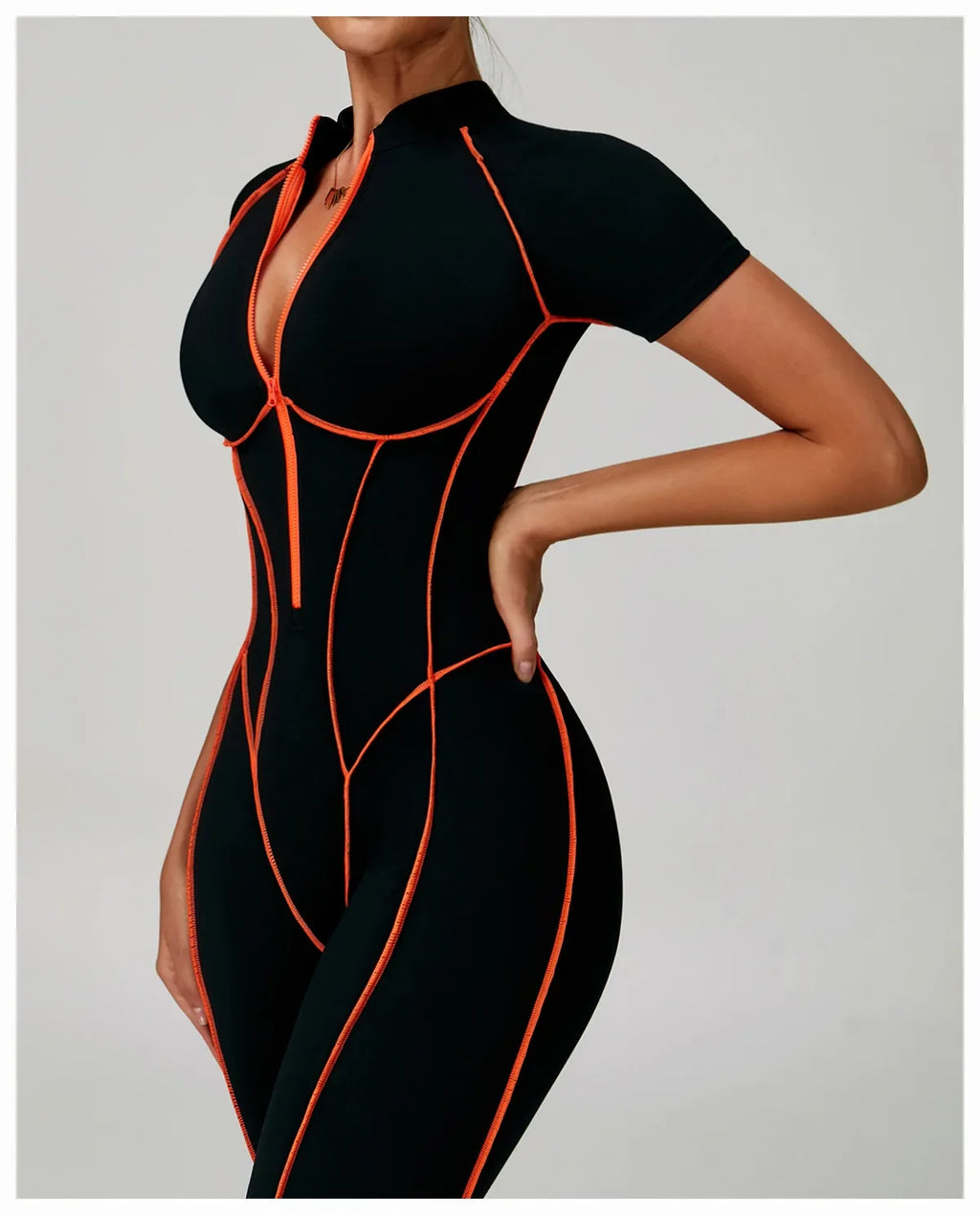 Zip-Up Short Sleeve Romper - Women's Push-Up Gym Jumpsuit