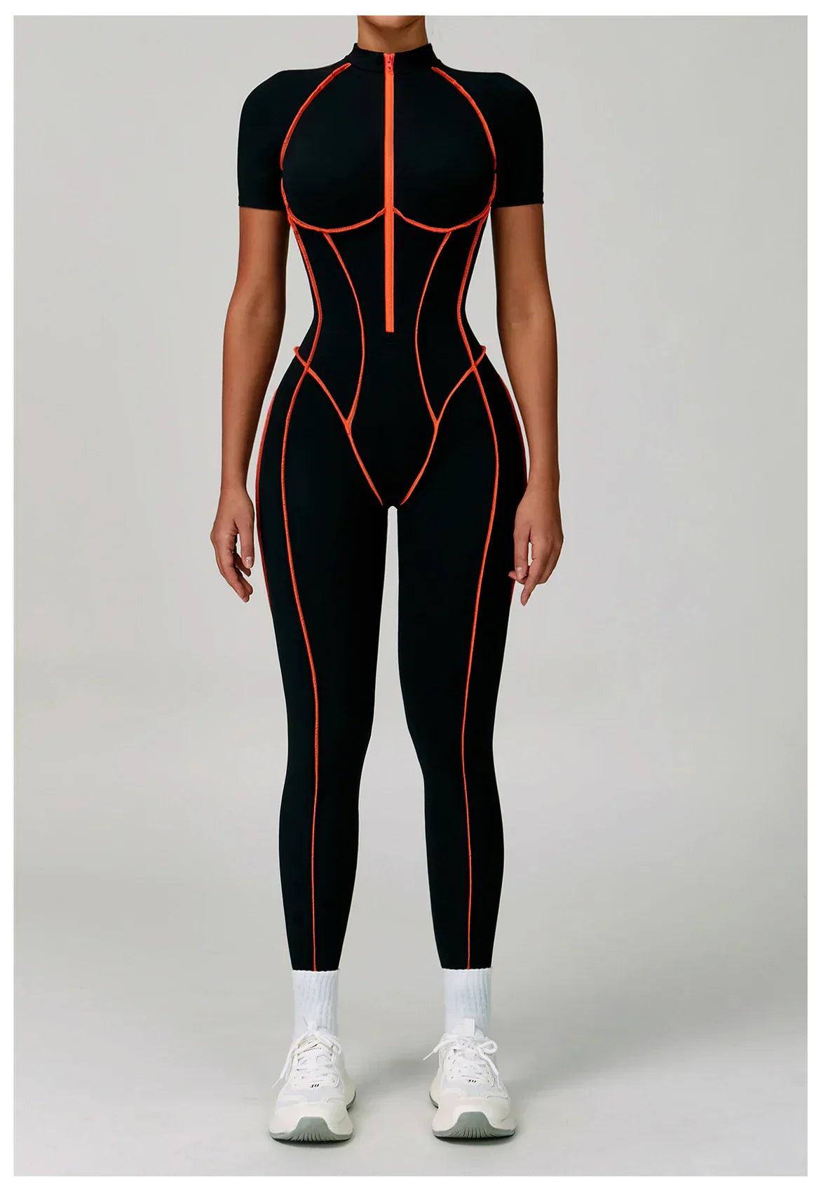 Zip-Up Short Sleeve Romper - Women's Push-Up Gym Jumpsuit