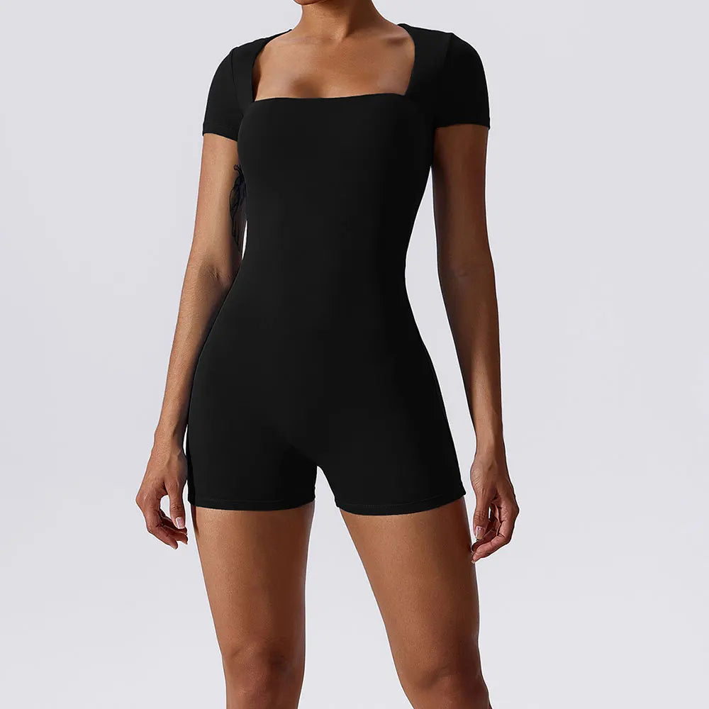Short Sleeve One-Piece Yoga Suit - Women's Push-Up Bodysuit