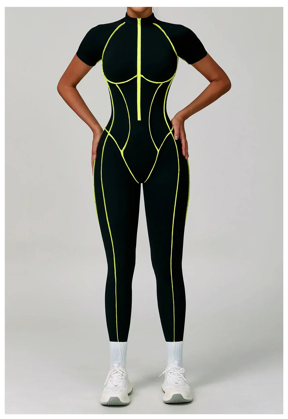 Zip-Up Short Sleeve Romper - Women's Push-Up Gym Jumpsuit