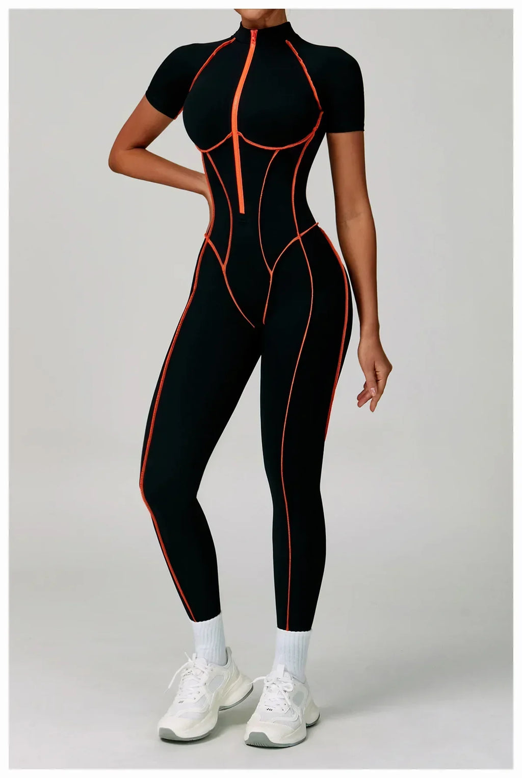 Zip-Up Short Sleeve Romper - Women's Push-Up Gym Jumpsuit