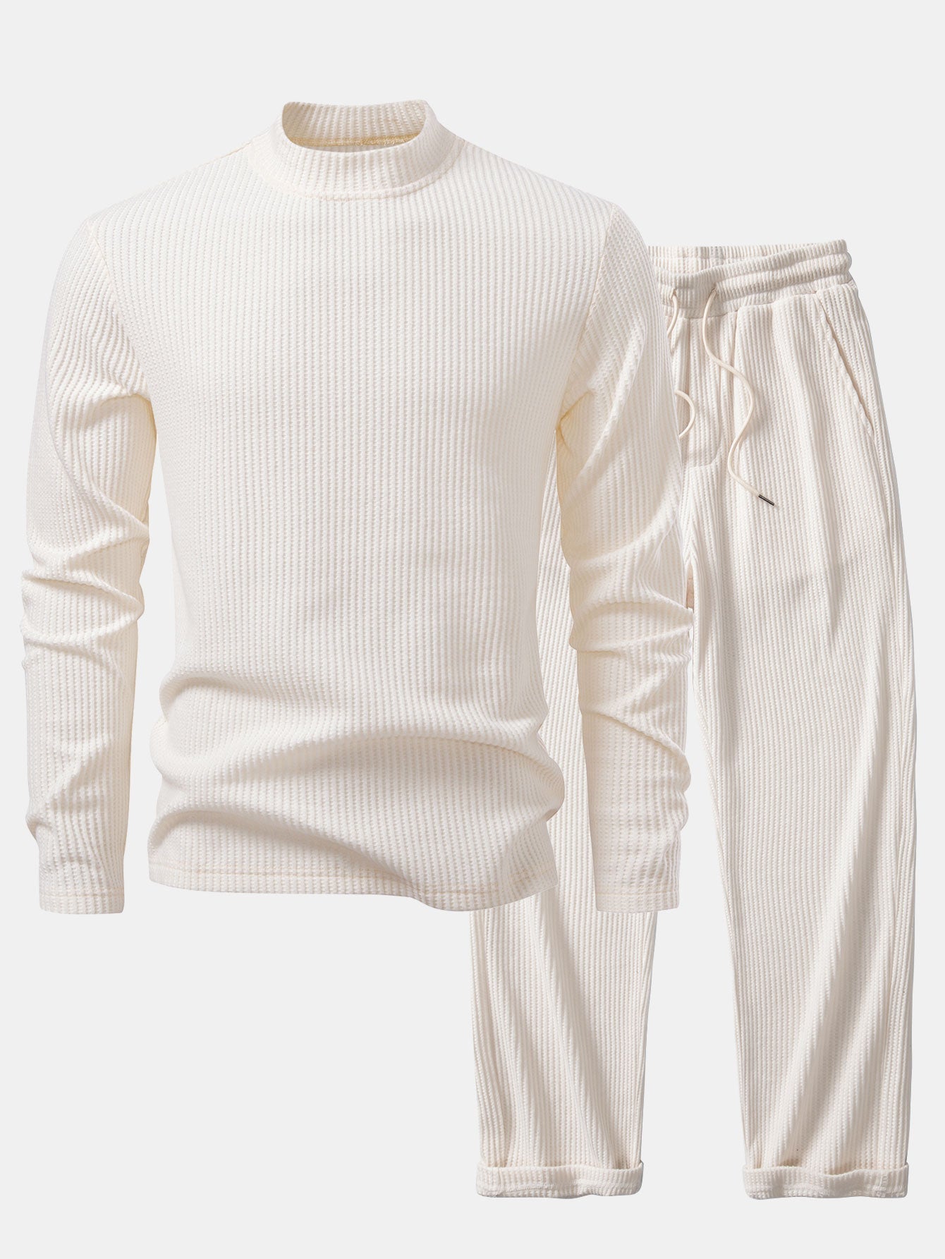 Long Sleeve Waffle Mock Neck T-Shirt & Drawstring Knitted Waffle Pants