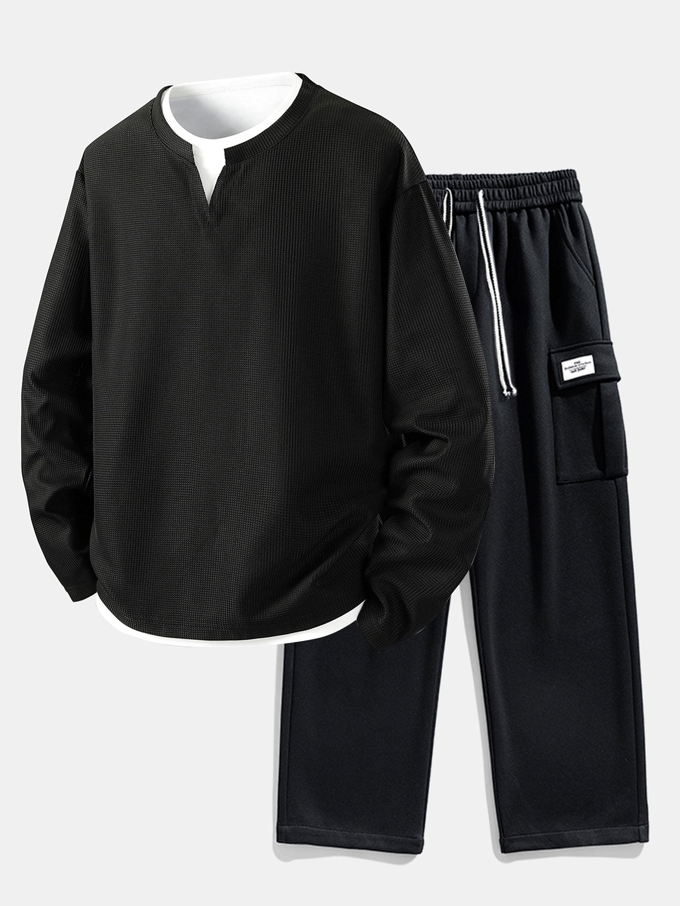 Relax Fit Long Sleeve 2 In 1 Waffle T-Shirt & Relax Fit Straight Leg Jersey Cargo Pants
