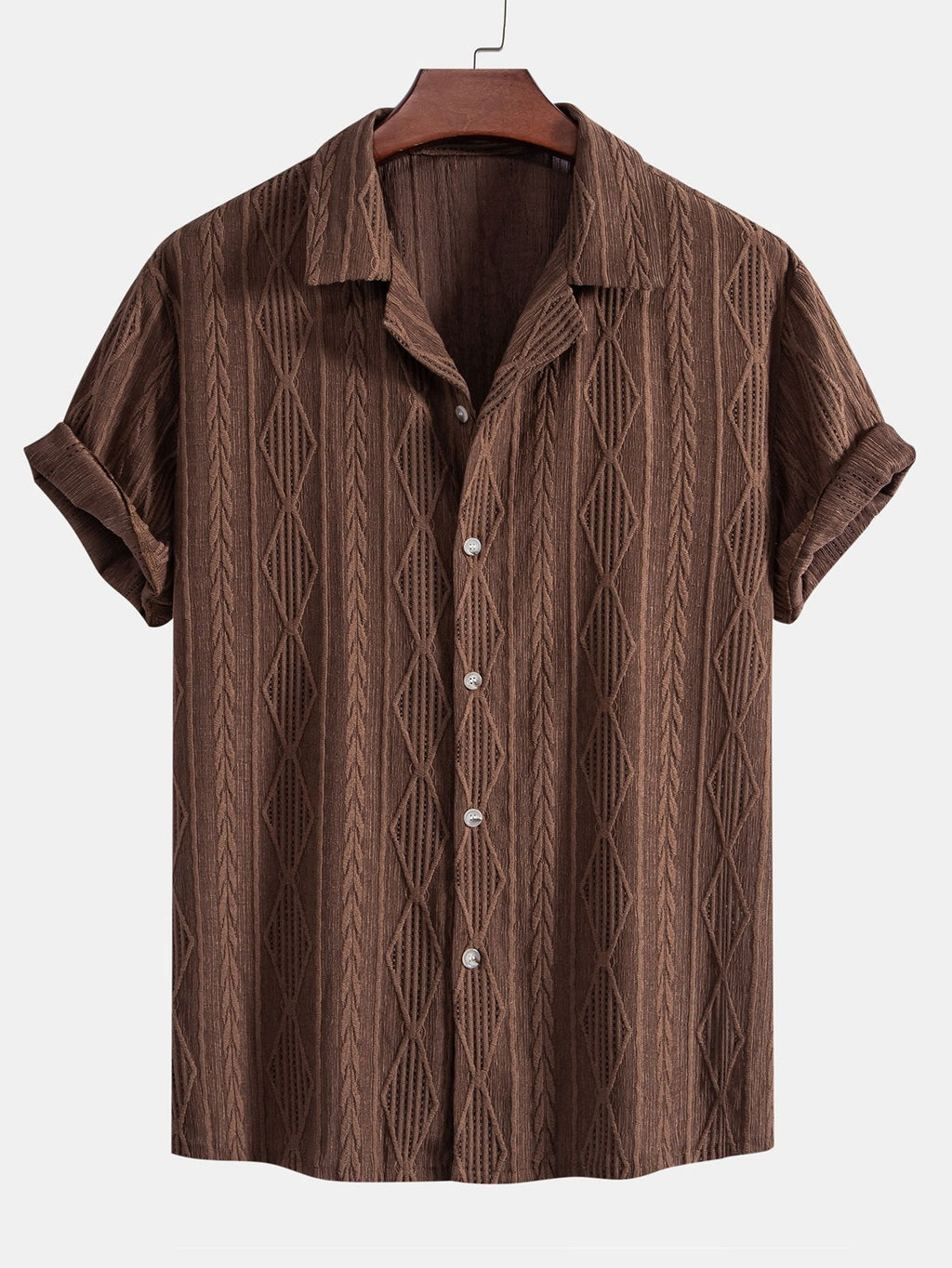Geometric Jacquard Eyelet Cuban Shirt & Crinkle Textured Straight Leg Pants