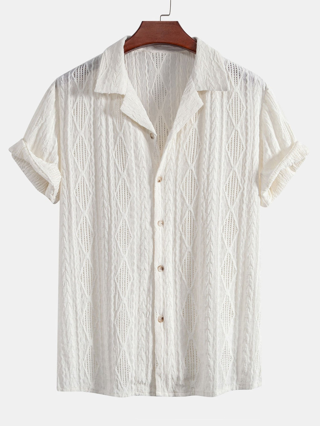 Geometric Jacquard Eyelet Cuban Shirt & Crinkle Textured Straight Leg Pants